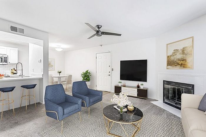Furnished living room with fireplace
