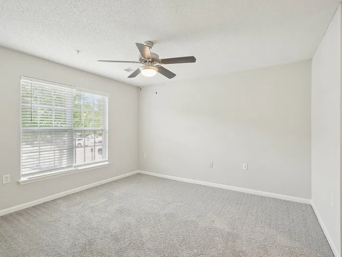 Bathroom with plush carpet and ceiling fan