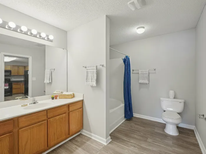 Bathroom with large vanity and shower/tub combo