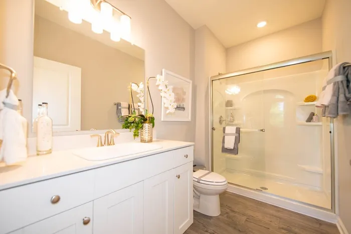 Homes for Rent Near Indianapolis International Airport - Woods at Countryside Crossing - Bathroom With Standing Shower, Wood-Style Flooring And a Wide Mirror