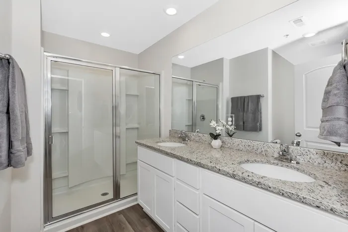 Main bathroom with stand up shower and dual sinks
