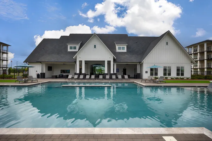 Swimming pool on a sunny day outside of clubhouse