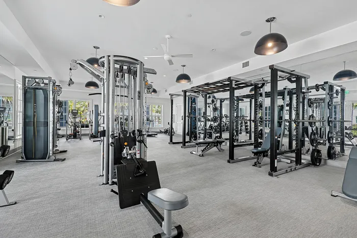 Indoor fitness center with cardio and weight equipment