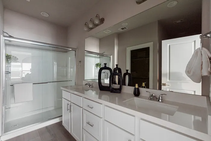 Master bathroom with stand in shower