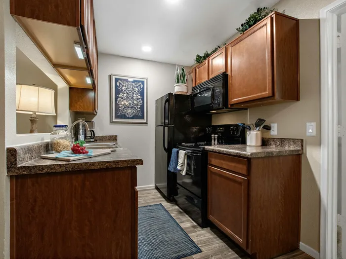 kitchen with wood cabinets and black appliances