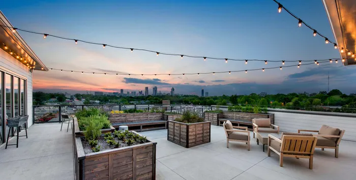 rooftop in the evening with twinkling lights