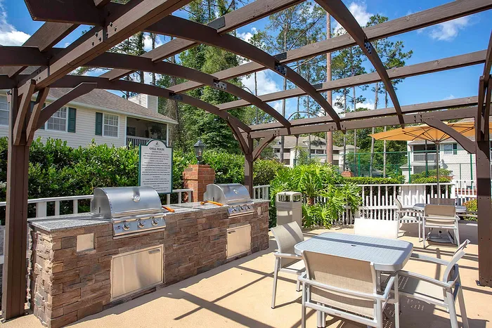 poolside grilling station with tables