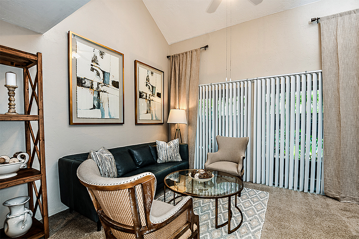 Living room with vaulted ceilings