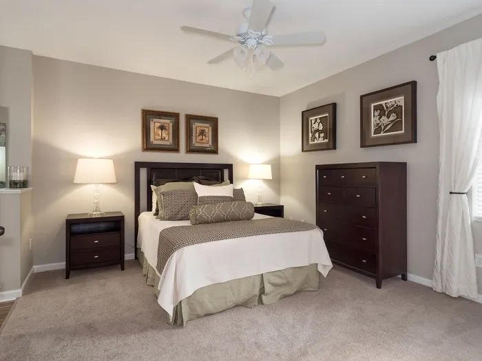 furnished and decorated spacious bedroom with carpet