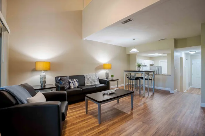 living room with wood style flooring