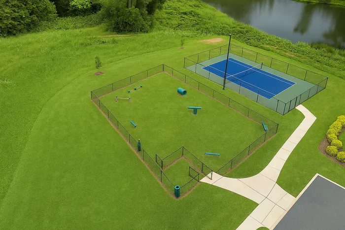 Birds eye view of the dog park and tennis courts at Paragon Luxury Apartments in Athens, GA