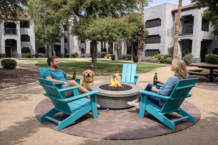 Fire pit with couple and dog