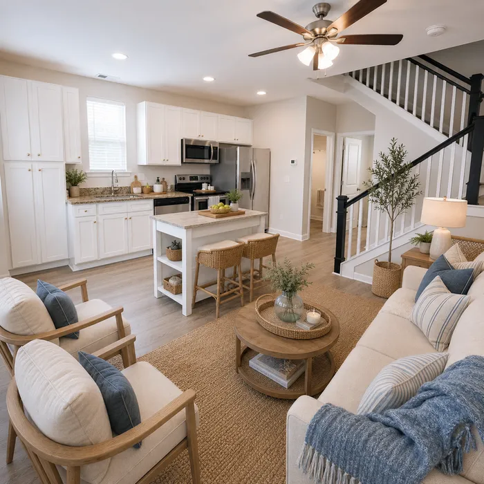 Single Family Homes for Rent Near Coastal Carolina University in Myrtle Beach, SC - Isle Cottage - Kitchen with Granite Countertops, Stainless Steel Appliances, and a Kitchen Island