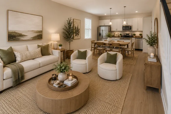Myrtle Beach, SC, Luxury Apartments Near Myrtlewood Golf Club - Isle Cottages - Open-Concept Living Room With Ceiling Fan, Plush Sofa, Coffee Table, Mirror, Armchair, Dining Area, and Bright Kitchen.