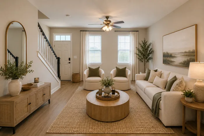 Myrtle Beach, SC, Luxury Apartments with In-Unit Washer and Dryer - Isle Cottages - Kitchen With White Cabinets, Stainless Appliances, Granite Counters, and Island Stools Next to Glass Dining Table.