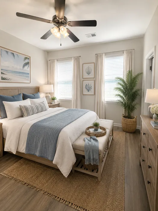 Single Family Homes for Rent Near Broadway at the Beach in Myrtle Beach, SC - Isle Cottage - Bathroom with a Dual Sink Vanity, an Oversized Window, and a Tub Shower