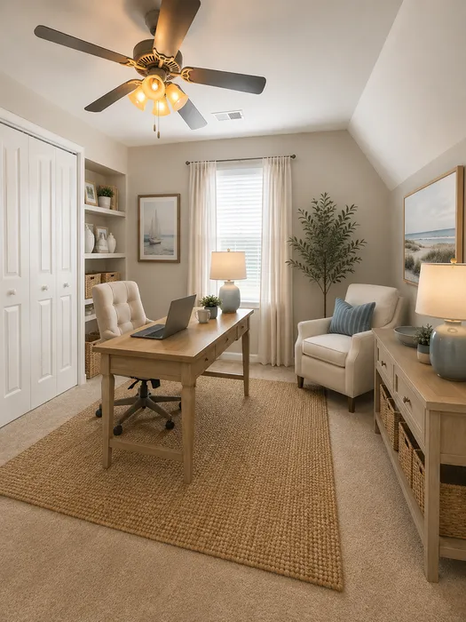 Myrtle Beach, SC Single Family Homes for Rent with Attached Garage - Isle Cottage - Bedroom with Plush Carpeting, a Ceiling Fan, and Multiple Windows