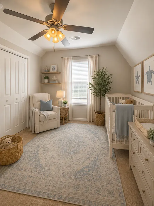 Luxury Apartments in Myrtle Beach, SC, with In-Unit Washer and Dryer - Isle Cottages - Cozy Bedroom With Tray Ceiling, Ceiling Fan, Nightstands With Lamps, Dresser, and Double Door Closet.