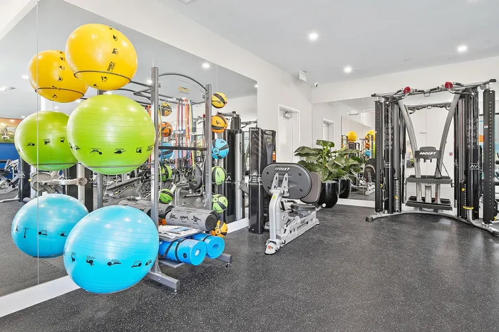 Modern apartment fitness center with vibrant yoga balls, state-of-the-art gym equipment, and sleek mirrored walls enhancing a spacious workout environment.
