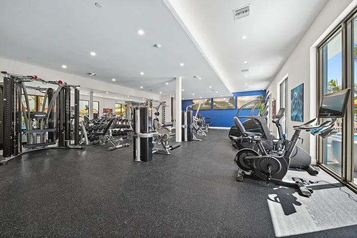 Modern fitness center with sleek exercise equipment, bright natural lighting, and expansive mirrors for an energizing workout experience.