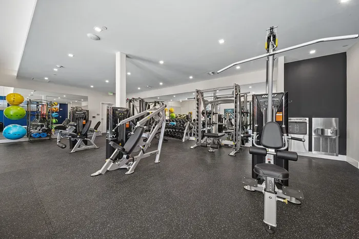 Modern gym facility with state-of-the-art fitness equipment and vibrant exercise balls.