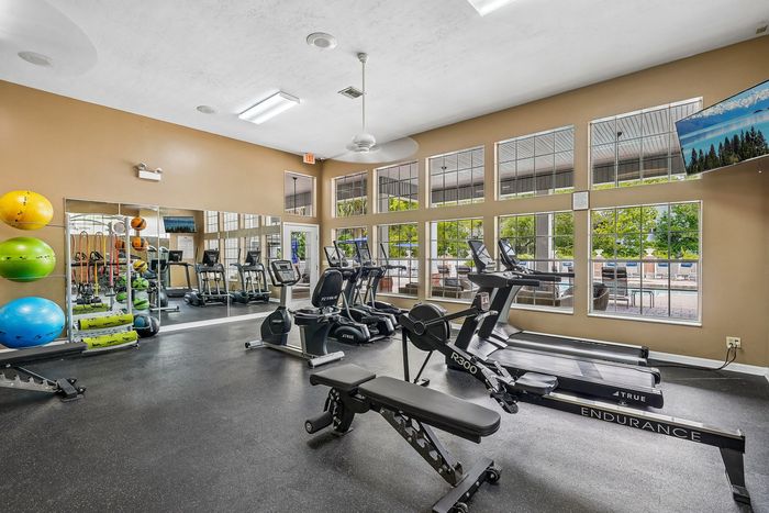 Bright and modern fitness center with state-of-the-art equipment, large mirrors, and motivational views through expansive windows.
