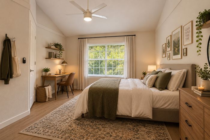 Inviting bedroom with large window, cozy bed, stylish decor, and peaceful workspace, exuding comfort and elegance.