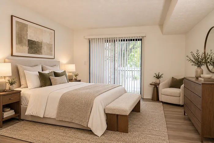 Inviting and well-lit bedroom featuring a cozy bed with plush pillows, elegant artwork, and sliding doors opening to a serene balcony.
