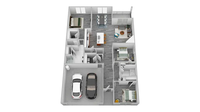 3D floor plan showcasing three bedrooms, open living area, modern kitchen, and two-car garage.
