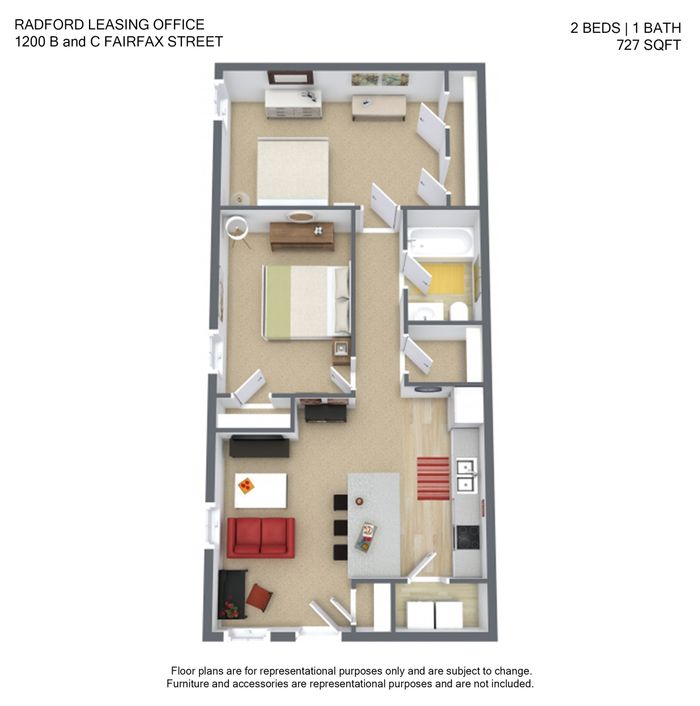 Charming 3D floor plan of a 727 sq ft apartment featuring 2 cozy bedrooms, 1 modern bathroom, an inviting living area, and a functional kitchen.