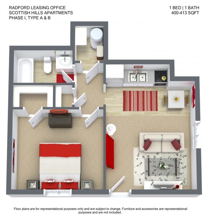 Scottish Hills Apartments, featuring a cozy 1 bedroom, 1 bathroom layout with a modern kitchen, inviting living area, and elegant furnishings, 400-413 sqft.