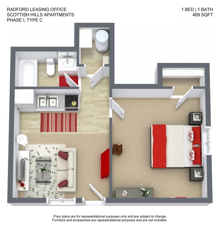 Modern 3D floor plan of Scottish Hills Apartments, featuring 1 bedroom, a cozy living room, and a stylish kitchen, perfect for comfortable living in 409 sq ft.
