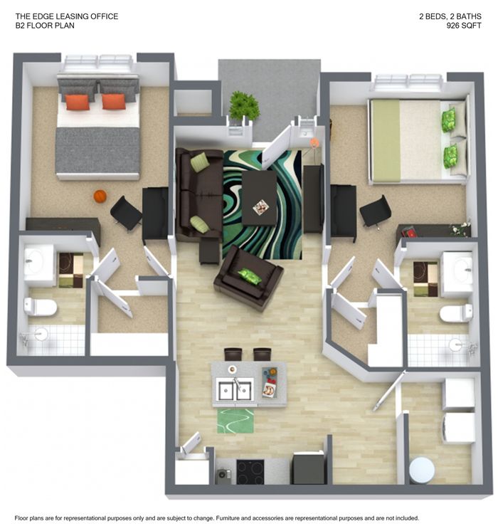 The Edge Leasing Office B2 floor plan showcasing 2 spacious bedrooms, a modern open-concept living room, and a stylish kitchen, 926 sqft.