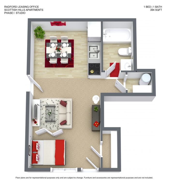 Charming 3D studio apartment floor plan featuring 1 bedroom, a cozy living area, modern kitchen, and elegant bath, totaling 394 sqft in Scottish Hills Apartments.