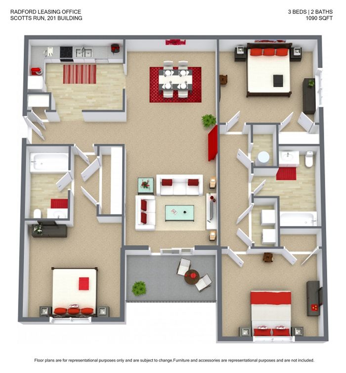 Modern floor plan of Scotts Run, featuring 3 bedrooms and 2 bathrooms within a spacious 1090 sqft layout. Includes an open living area, dining room, and a stylish kitchen.