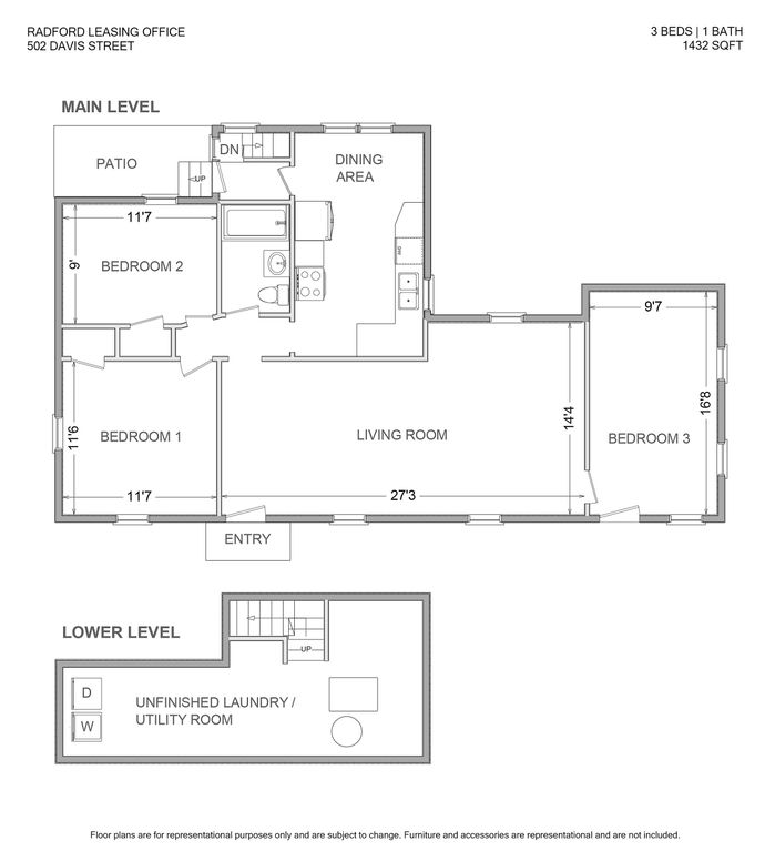Spacious 3-bedroom house floor plan at 502 Davis Street featuring a large living room, dining area, patio, and a laundry room across 1432 sq ft.