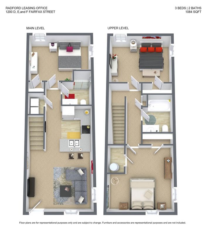 Charming two-level floor plan with 3 bedrooms, 2 baths, showcasing an open-concept living area and modern kitchen, totaling 1084 sq ft.