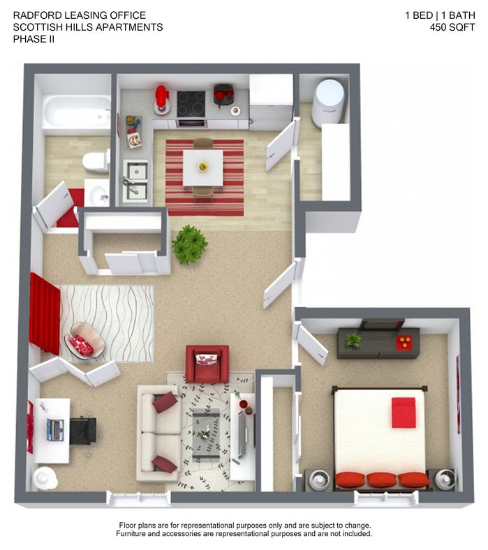 Modern floor plan for Scottish Hills Apartments Phase II showcasing a stylish 1-bedroom, 1-bathroom unit with open-concept living area, cozy kitchen, and vibrant decor. Total area is 450 sqft.