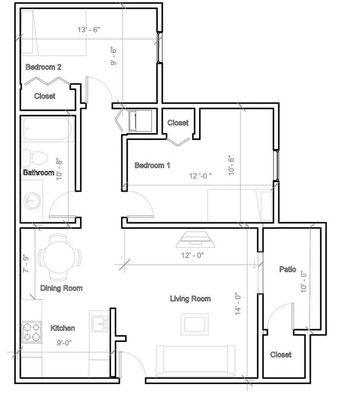 Modern 2D floor plan featuring 2 cozy bedrooms, a stylish living room, dining area, fully-equipped kitchen, patio, and ample closet space.