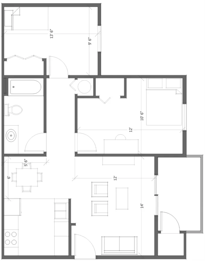 Modern 2D floor plan showcasing 2 bedrooms, a bathroom, cozy living area, and a well-equipped kitchen. Efficient layout for optimal living space.