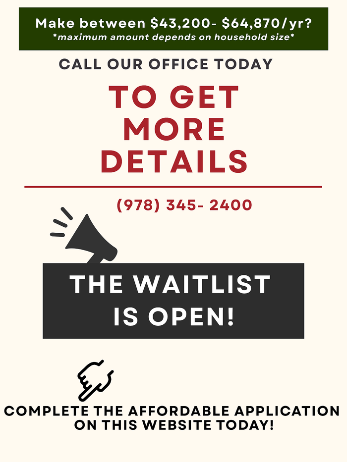 Informative flyer indicating open waitlist for affordable housing with household income details and contact information.