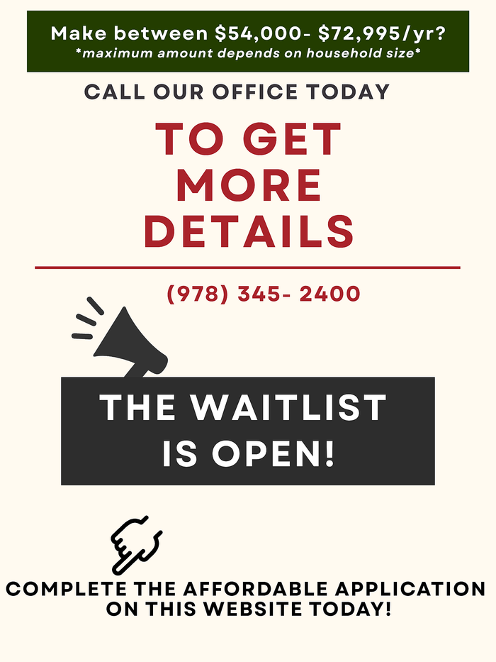 Promotional flyer for affordable housing with contact information and message that the waitlist is open.