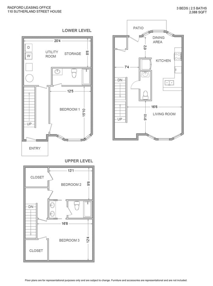 Elegant three-level floor plan showcasing 3 bedrooms and 2.5 baths. Features an open-concept living room, modern kitchen with adjacent dining area, and a cozy patio. Includes a spacious utility room and additional storage on the lower level. Perfect for stylish, comfortable living in 2,088 sq ft.