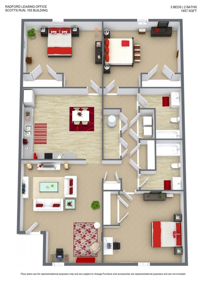 Elegant 3D floor plan of a 3-bedroom, 2-bath apartment at Radford Leasing Office, Scotts Run. Spacious open-concept living area with modern kitchen, inviting living room, and stylish dining space. Total area of 1457 sq ft.