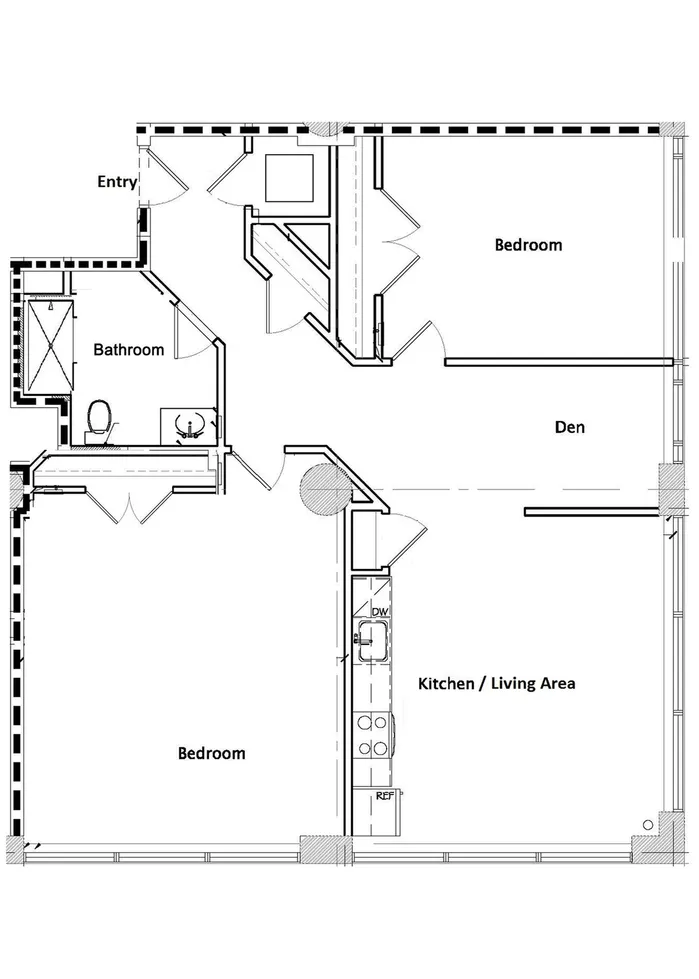 Contemporary floor plan showcasing 2 bedrooms, a stylish den, and a kitchen living area with an efficient layout.