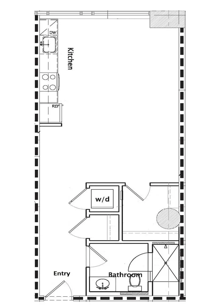 Contemporary floor plan with efficient layout featuring a sleek kitchen, convenient laundry area, and accessible bathroom.