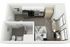Modern studio apartment floor plan featuring an open living area with a sleek kitchen, cozy bed, and stylish workspace, complemented by a compact bathroom.