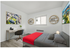 Modern bedroom with stylish decor, featuring a workspace, artwork, and a cozy bed.