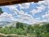 Stunning mountain landscape view from an apartment balcony, showcasing lush greenery and a vibrant blue sky with fluffy clouds.