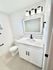 Modern bathroom with sleek white vanity, elegant mirror, and stylish lighting fixtures.